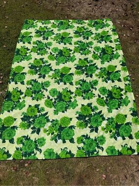 Vintage MCM Retro Floral Handmade Curtain Panel Green Yellow Rod Pocket 52x76